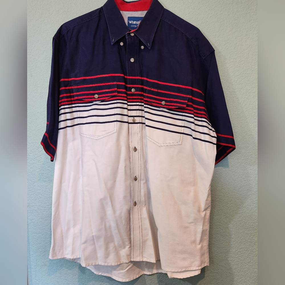 Vtg Wrangler Western Rodeo Shirt Red White Blue Stripe Patriotic XL Short Sleeve